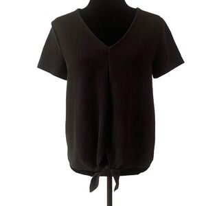 J. Crew Black Textured Short‎ Sleeve V-Neck Waist Tie Top Size M